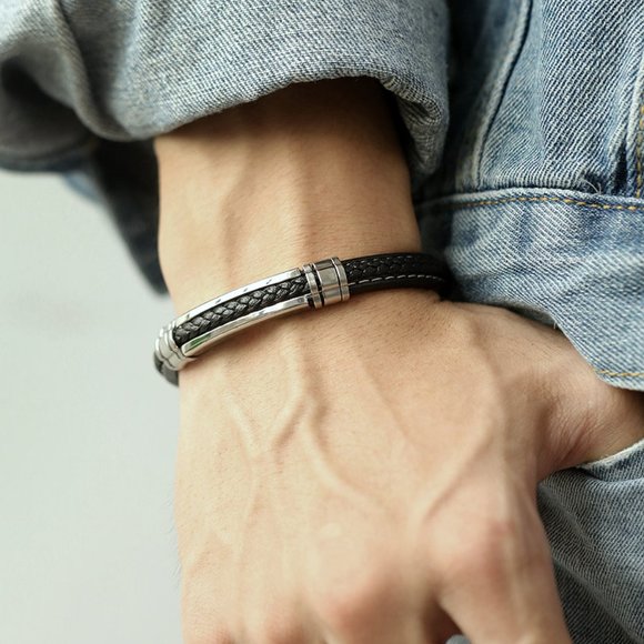COPY - Mens Bracelet Braided Leathers Titanium FREE SHIPPING ! - Picture 2 of 4